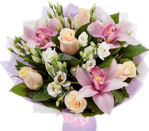 Букет кремовые розы и розовые орхидеи