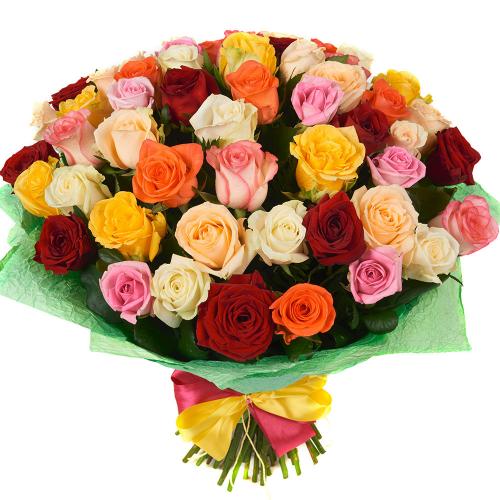 Букет Конфетти из разноцветных роз (51 шт.), доставка цветов Подольск,  быстрая доставка, дешевые цветы.